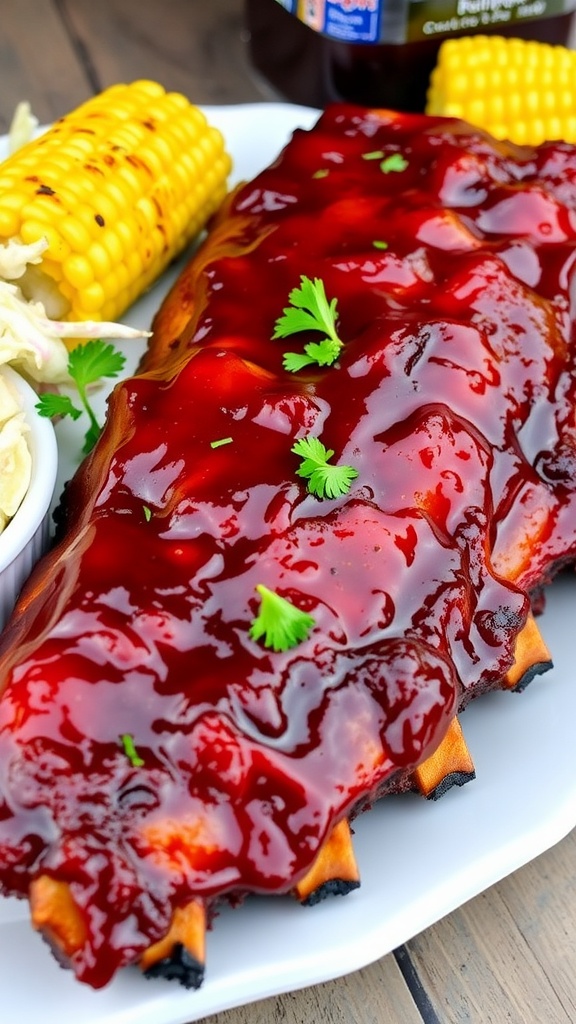 Delicious barbecue ribs with sauce, coleslaw, and grilled corn on a rustic table.